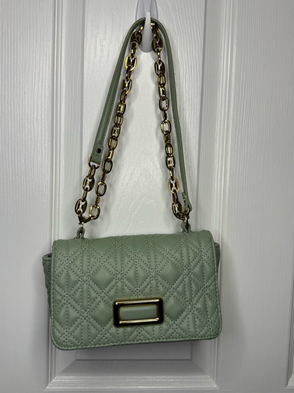 Quilted Sage Green Shoulder Bag with Gold Chain